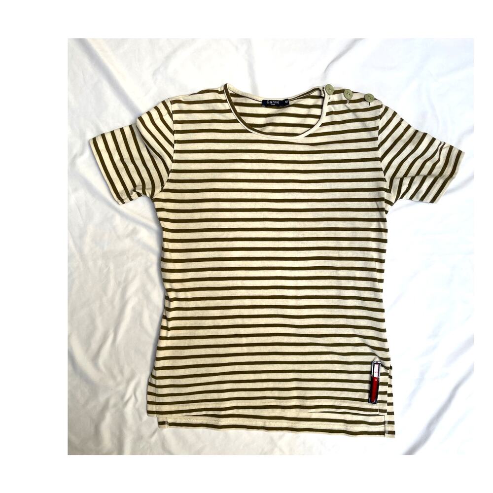 Carine Paris Cream Green Olive Striped Tee Top, Nautical Sailor, Small